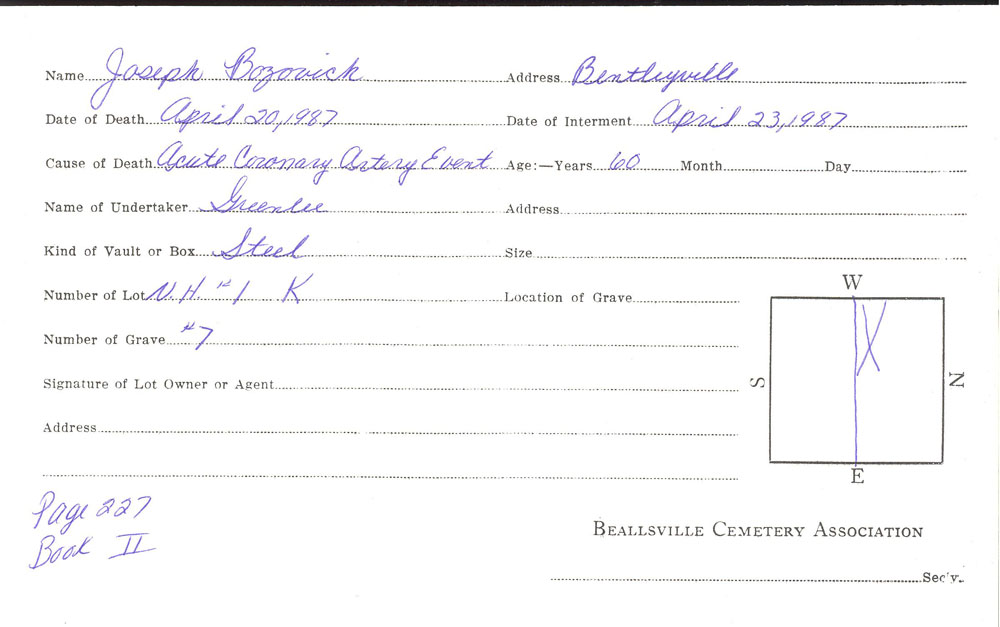 Joseph Bozovich burial card